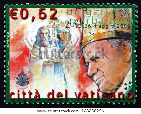 VATICAN - CIRCA 2003: a stamp printed in the Vatican shows Travels of Pope John Paul II, Bulgaria and Azerbaijan, circa 2003