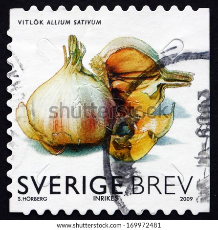 SWEDEN - CIRCA 2009: a stamp printed in the Sweden shows Garlic, Allium Sativum, Vegetable, circa 2009