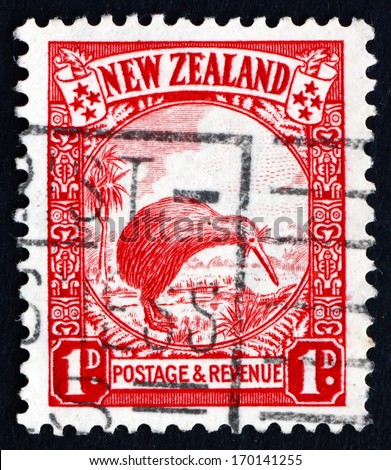 NEW ZEALAND - CIRCA 1935: a stamp printed in the New Zealand shows Kiwi and Cabbage Palm, circa 1935