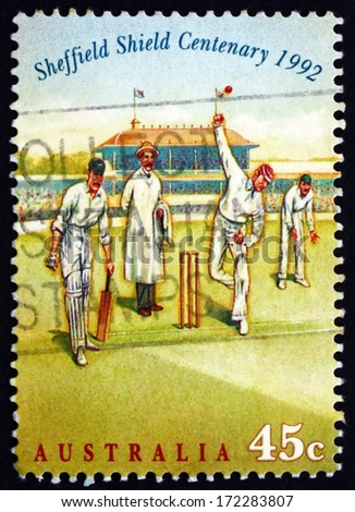 AUSTRALIA - CIRCA 1992: a stamp printed in the Australia shows Bowler, Cricket Match, 1890s, Centenary of the Sheffield Shield Cricket Competition, circa 1992
