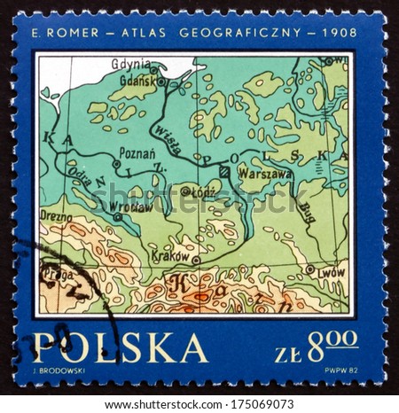 POLAND - CIRCA 1982: a stamp printed in the Poland shows Map of Poland, Romer\'??s Atlas, 1908, circa 1982