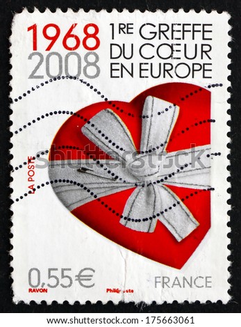FRANCE - CIRCA 2008: a stamp printed in the France shows Heart Gift, 40th Anniversary of the First Heart Transplant in Europe, circa 2008