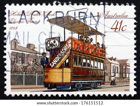 AUSTRALIA - CIRCA 1989: a stamp printed in the Australia shows Double-deck Electric Tram, Hobart, 1893, circa 1989