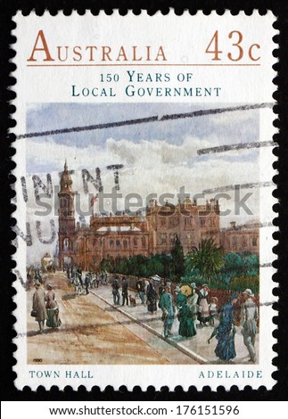AUSTRALIA - CIRCA 1990: a stamp printed in the Australia shows Town Hall, Adelaide, 150th Anniversary of the Local Government in Australia, circa 1990