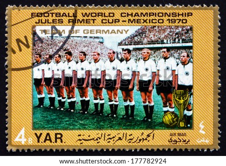 YEMEN - CIRCA 1970: a stamp printed in the Yemen Arab Republic shows Team of West Germany, Football World Championship, Mexico, circa 1970