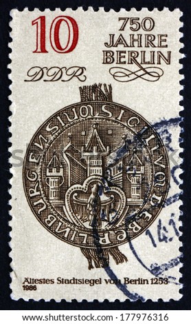 GDR - CIRCA 1986: a stamp printed in GDR shows City Seal, 1253, Berlin 750th Anniversary, circa 1986
