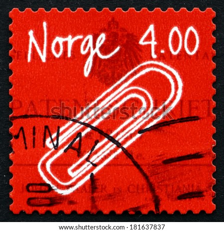 NORWAY - CIRCA 1999: a stamp printed in the Norway shows Paper Clip, Invention by Johan Vaaler, circa 1999
