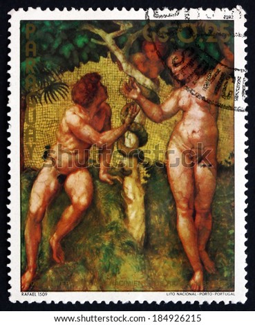 PARAGUAY - CIRCA 1982: a stamp printed in Paraguay shows Adam and Eve, The Fall, Painting by Raphael Sanzio da Urbino, circa 1982