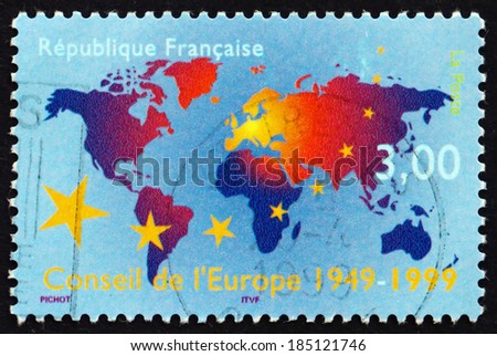 FRANCE - CIRCA 1999: a stamp printed in the France shows Map of the World, 50th Anniversary of the Council of Europe, circa 1999
