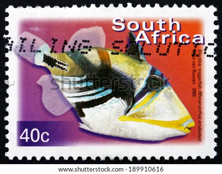 SOUTH AFRICA - CIRCA 2000: a stamp printed in South Africa shows Blackbar Triggerfish, Rhinecanthus Aculeatus, Marine Tropical Fish, circa 2000