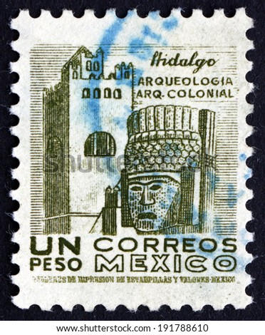MEXICO - CIRCA 1950: a stamp printed in the Mexico shows Convent and Carved Head, Hidalgo, circa 1950