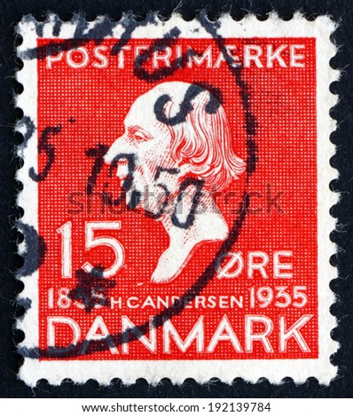 DENMARK - CIRCA 1935: a stamp printed in the Denmark shows Hans Christian Andersen, Writer, Centenary of the Earliest Installment of Hans Christian Andersen\'??s Fairy Tales, circa 1935