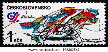CZECHOSLOVAKIA - CIRCA 1985: a stamp printed in the Czechoslovakia shows Rhythmic Gymnastics Floor Exercise, Spartakiad \'??85, Strahov Stadium, Prague, circa 1985