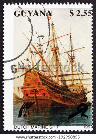 GUYANA - CIRCA 1990: a stamp printed in Guyana shows Dutch Marine Ship, Sailing Ship, circa 1990