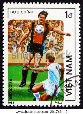 VIETNAM - CIRCA 1986: a stamp printed in Vietnam shows Soccer Players in Action, 1986 World Cup Soccer Championships, Mexico City, circa 1986