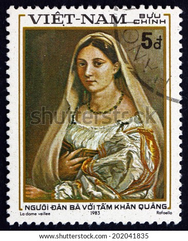 VIETNAM - CIRCA 1983: a stamp printed in Vietnam shows Woman with Veil, Painting by Raphael, Italian Painter, circa 1983