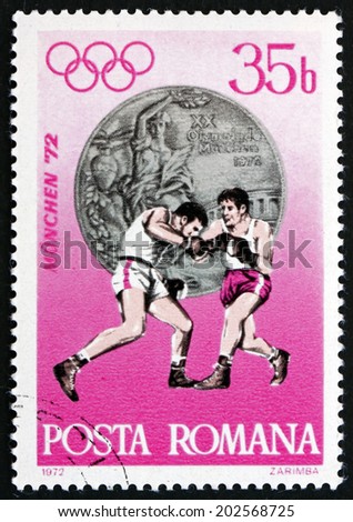 ROMANIA - CIRCA 1972: a stamp printed in Romania shows Boxing, Silver Medal at 20th Olympic Games, Munich, circa 1972