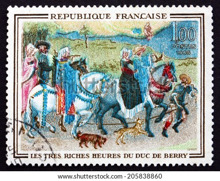 FRANCE - CIRCA 1965: a stamp printed in the France shows Leaving for the Hunt, Miniature of Book of Hours of Jean de France, Painted by Flemish Brothers Limbourg, circa 1965