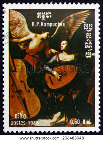 CAMBODIA - CIRCA 1985: a stamp printed in Cambodia shows St. Cecilia and the Angel, Painting by Carlo Saraceni, Italian Painter, circa 1985