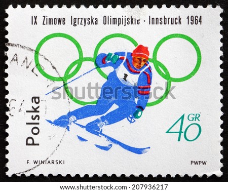 POLAND - CIRCA 1964: a stamp printed in the Poland shows Skiing, 9th Winter Olympic Games, Innsbruck, circa 1964