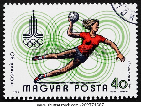 HUNGARY - CIRCA 1980: a stamp printed in the Hungary shows Women\'s Handball, Olympic Rings, 22nd Summer Olympic Games, Moscow, circa 1980