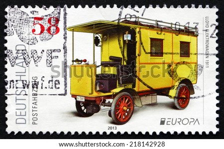 GERMANY - CIRCA 2013: a stamp printed in the Germany shows Lloyd Electric car 1911, Post Vehicle, circa 2013