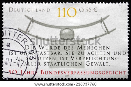 GERMANY - CIRCA 2001: a stamp printed in the Germany shows Federal Constitutional Court, 50th Anniversary, circa 2001