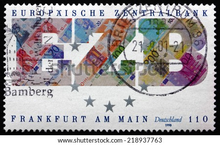 GERMANY - CIRCA 1998: a stamp printed in the Germany shows Founding of the European Central Bank, Frankfurt am Main, circa 1998