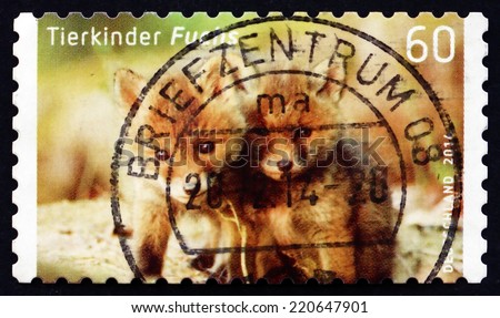 GERMANY - CIRCA 2014: a stamp printed in the Germany shows Red Fox, Vulpes Vulpes, Baby Animal, circa 2014