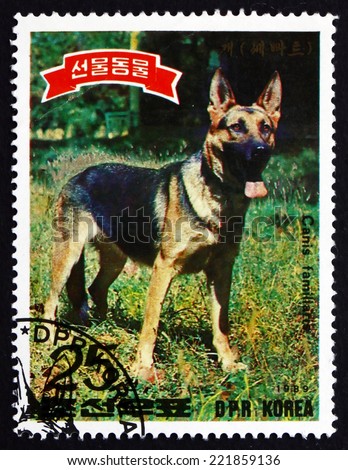 NORTH KOREA - CIRCA 1989: a stamp printed in North Korea shows German Shepherd, Pet Presented to Kim Il Sung, circa 1989