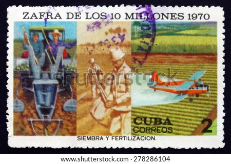 CUBA - CIRCA 1970: a stamp printed in the Cuba shows Sowing and Crop Dusting, Projected Production, circa 1970