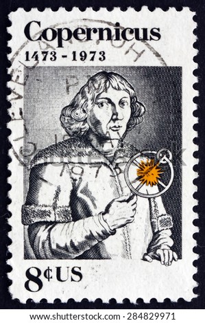 USA - CIRCA 1973: a stamp printed in the USA shows Nicolaus Copernicus, Polish Mathematician and Astronomer, circa 1973