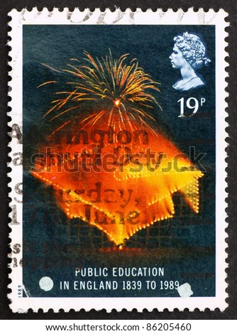 GREAT BRITAIN - CIRCA 1987: a stamp printed in the Great Britain shows Fireworks, 150th anniversary of public education in England and Wales, circa 1987