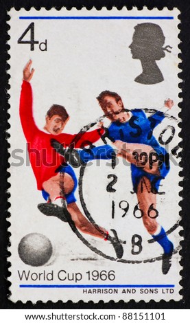 GREAT BRITAIN - CIRCA 1966: a stamp printed in the Great Britain shows Soccer Players, World Cup 1966, circa 1966
