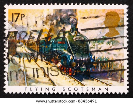 GREAT BRITAIN - CIRCA 1985: a stamp printed in the Great Britain shows Flying Scotsman locomotive, Sesquicentennial of Great Western Railroad, circa 1985