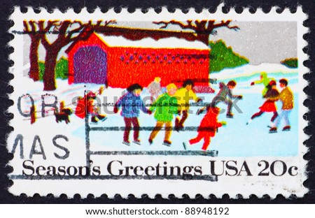 UNITED STATES OF AMERICA - CIRCA 1982: A stamp printed in the United States of America shows People Skating, Christmas, circa 1982