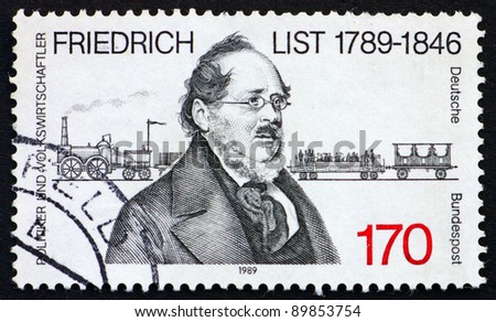 GERMANY - CIRCA 1989: a stamp printed in the Germany shows Friedrich List, Economist and Original European Unity Theorist, circa 1989