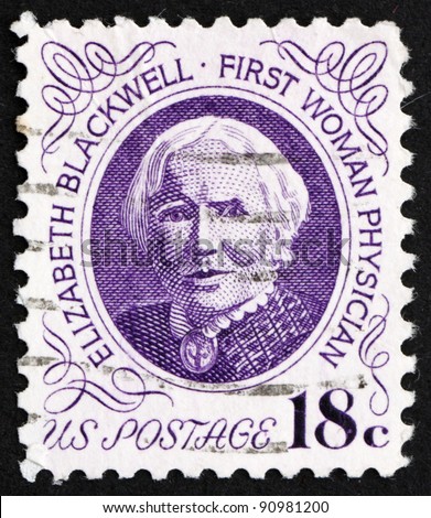 UNITED STATES OF AMERICA - CIRCA 1970: a stamp printed in the USA shows Elizabeth Blackwell, the first female doctor in the USA and the first on the UK Medical Register, circa 1970