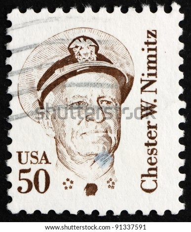 UNITED STATES OF AMERICA - CIRCA 1985: a stamp printed in the United States of America shows Chester W. Nimitz, Fleet Admiral in the United States Navy, circa 1985