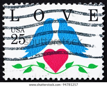 UNITED STATES OF AMERICA - CIRCA 1990: A stamp printed in the United States of America shows Love, Two Birds and Heart, circa 1990
