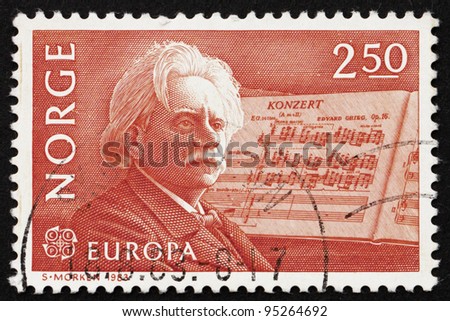 NORWAY - CIRCA 1983: a stamp printed in the Norway shows Edvard Grieg, Composer and his Piano Concerto in A-minor, circa 1983
