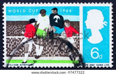 GREAT BRITAIN - CIRCA 1966: a stamp printed in the Great Britain shows Soccer Players and Crowd, World Soccer Championship 1966, Wembley, circa 1966