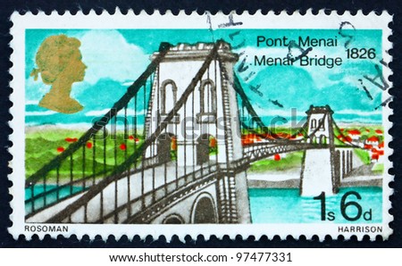 GREAT BRITAIN - CIRCA 1968: a stamp printed in the Great Britain shows Menai Bridge, North Wales, 1826, circa 1968