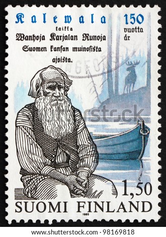 FINLAND - CIRCA 1985: a stamp printed in the Finland shows Pedri Semeikka, Rune Singer, 150th Anniversary of Kalevala, circa 1985