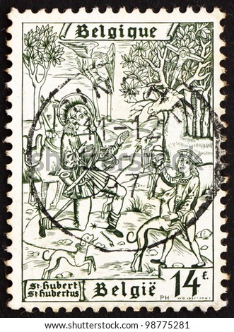 BELGIUM - CIRCA 1977: a stamp printed in the Belgium shows Conversion of St. Hubertus, 1250th Anniversary of the Death of St. Hubertus, circa 1977