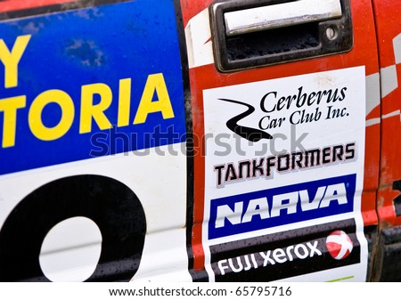 LARDNER PARK - NOV 13: Sponsors logos on a race car door at the super special stage at Rally Victoria, November 13, 2010, Lardner Park, Vic, Australia