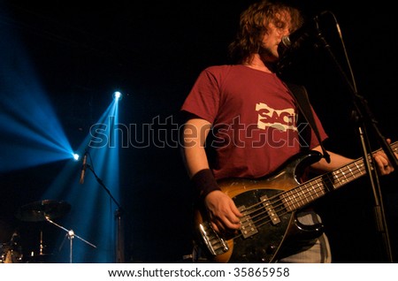 CAMBRIDGE, UK - JULY 17: Bass Player and Singer Nick Soloman performs on stage at The Junction on July 17, 2009 in Cambridge, UK.