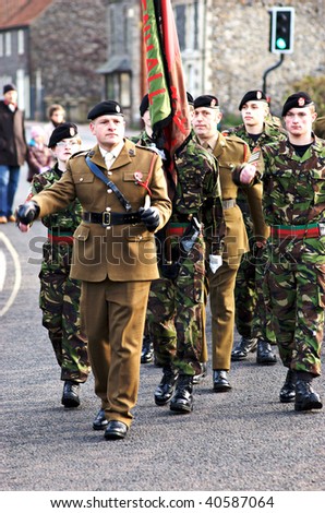 MILDENHALL, UK - NOVEMBER 8: Royal Royal Marines marching during the remembrance sunday parade and ceremony on November 8, 2009 in Mildenhall, UK.