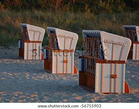 Beach chairs on the beach of Boltenhagen/Baltic Sea in evening light