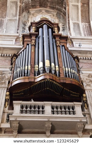 Detail of one of the six famous Mafra Convent pipe organs in Portugal